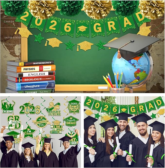 Green and Gold Graduation Decorations, 2026 Grad Banner and Congrats Grad Hanging Swirls, Green and Gold Graduation Banner Graduations Hanging Swirl College Graduations Party Decorations Class of 2026