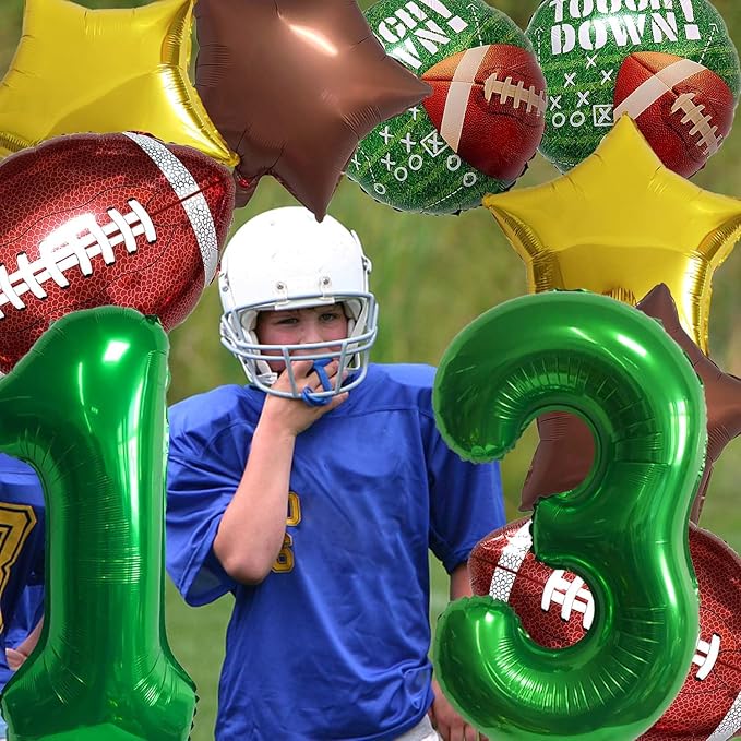 Football Birthday Decorations - 13th Birthday Balloon Rugby Gold Brown Star Rugby Field Touchdown Sports Theme Party Supplies - 10Pcs