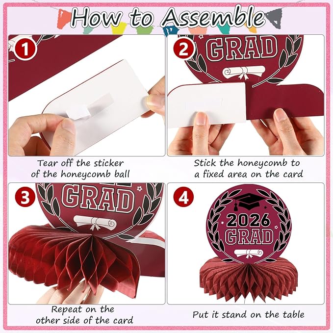 Yisong 9 Pieces 2026 Graduation Party Table Decorations Class of 2026 Congrats Graduation Centerpieces for Tables Congratulate Honeycomb Centerpiece Topper for Grad Party Supplies (Maroon)
