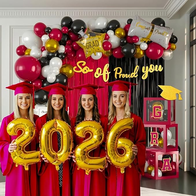 Graduation Decorations Class of 2026 - Maroon and Gold Graduation Decorations Set of 4 GRAD Balloon Boxes with Fringe Curtains So Proud of You Congrats Grad Party for Any Grades