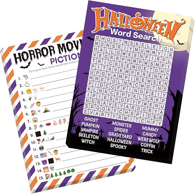 COCHIE 30 Players Halloween Party Games for Adults Family Office Large Groups, Horror Movie Name Pictionary Game, Guesstures Game, Word Search Games with Answer Key (Halloween Purple)
