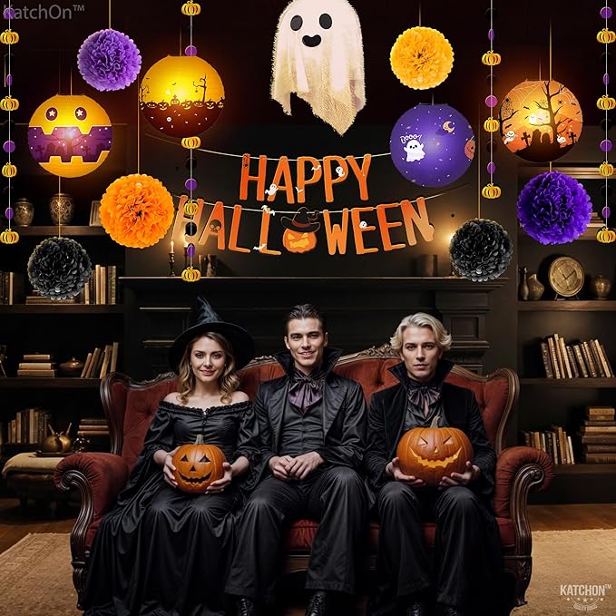 KatchOn, Hanging Halloween Decorations Set - Pack of 14 | Purple and Black Theme Party Supplies | Halloween Party Decorations for Wall | Happy halloween Banner, Sign for Spooky Decor