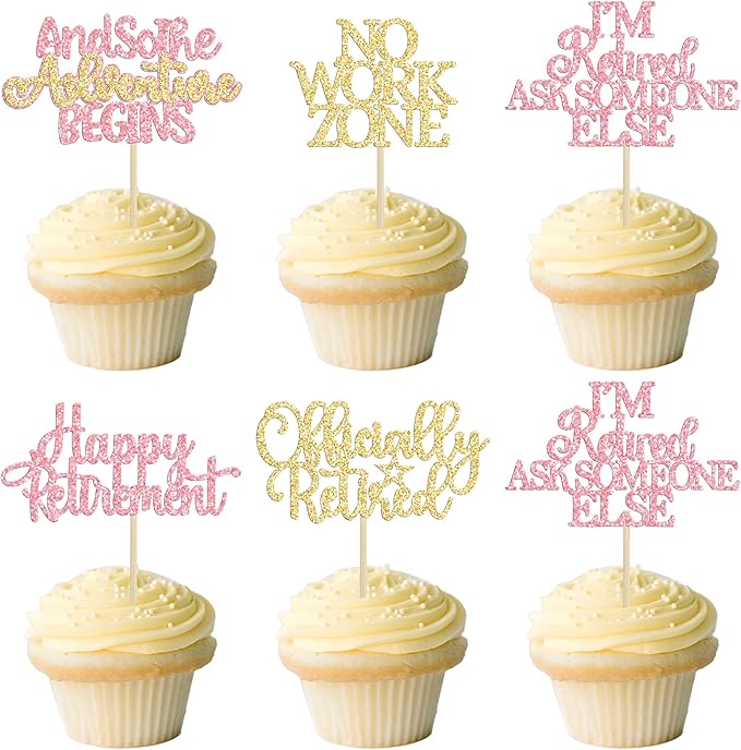 Gyufise 30Pcs Happy Retirement Cupcake Toppers Officially Retired Cake Toppers No Work Zone Adventure Begins Cupcake Picks for Retirement Theme Farewell Birthday Party Decorations Supplies Pink Gold