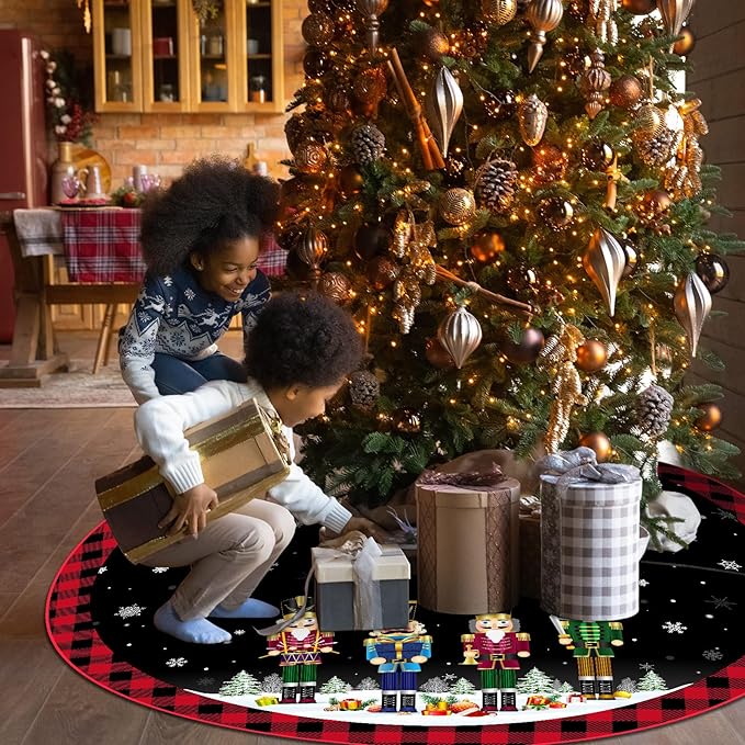 48 Inch Christmas Tree Skirt Double Layer Large Snowflake Xmas Tree Mat Decor for Winter Holiday Party Indoor Outdoor Christmas Decorations(Black,Nutcracker)