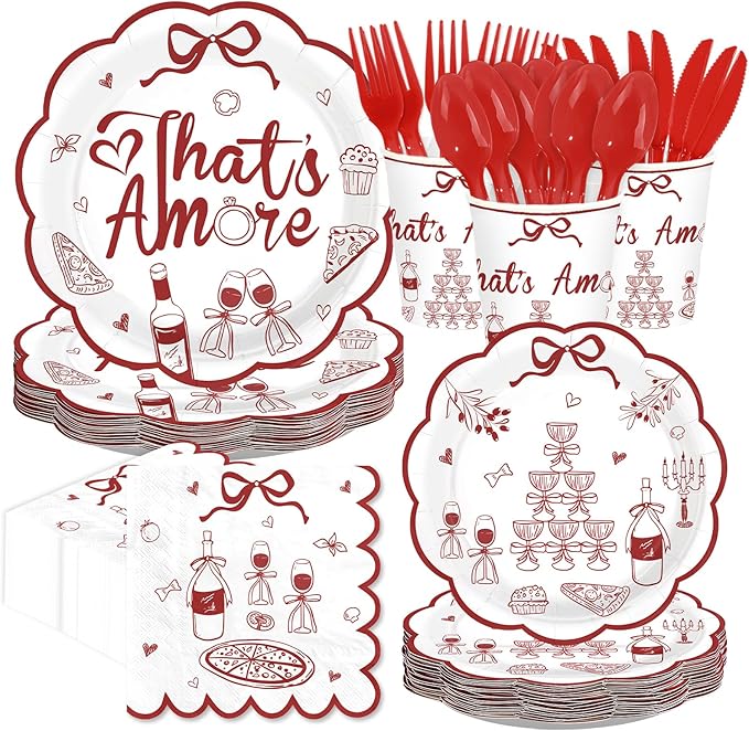 168Pcs That's Amore Plates and Napkins Disposable Italian Themed Party Decoration Pizza And Wine Bachelorette Party Tableware Set For Valentines Wedding Bridal Shower Engagement Bachelorette Supplies