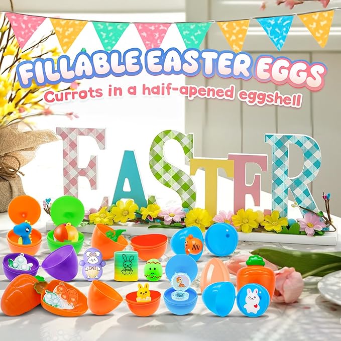 100 Pack Prefilled Easter Eggs with Toys Inside, Plastic Basket Stuffers Fillers Party Favors Supplies Hunt Games Save Time Gifts