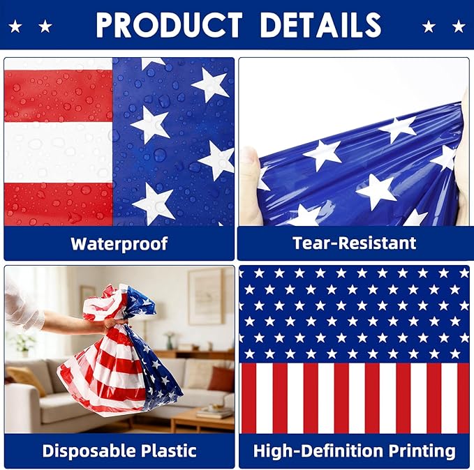 4th of July Tablecloth, Patriotic Plastic Tablecloths 54"x108", Fourth of July Table Decorations Red White and Blue American Table Covers 3 Pack, Patriotic Decorations Memorial Day Party Supplies