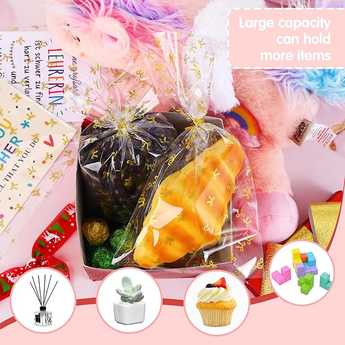 SOMIOCO Bow Clear Gift Bags, 100 PCS 6x11 In Gold Cellophane Treat Bags with Twist Ties for Goodies,Gifts,Candy Cookies,Birthday Party Favors packaging