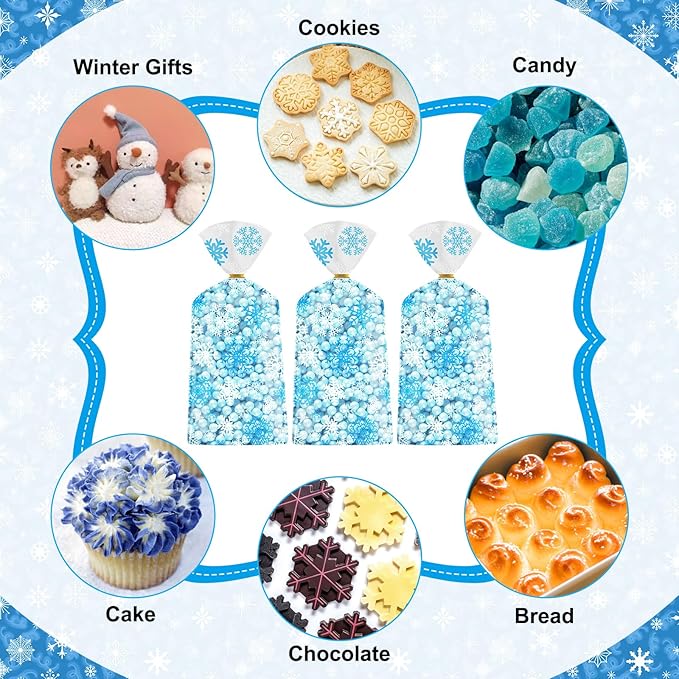 100 Pcs Winter Snowflake Treat Bags - Christmas Gift Bags, Blue White Plastic Snowflakes Cello Candy Goodie Cookie Snack Cellophane Bag with Twist Ties for Xmas Holiday Winter Wonderland Party Favors