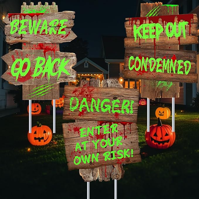 Halloween Decorations Beware Signs Yard Stakes Outdoor Creepy Assorted Warning Sign,Scary Zombie Theme Party Decor Supplies,3 Pieces