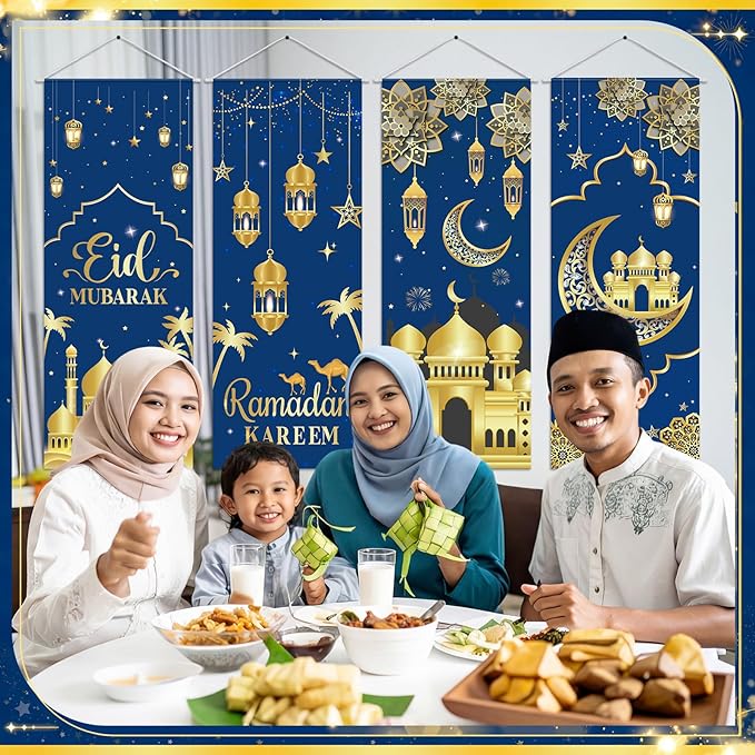Panelee 4 Pcs Ramadan Mubarak Porch Sign Banners Blue Gold Eid Mubarak Decorations Muslim Ramadan Kareem Door Banner Backdrop for Home Doorway Indoor Outdoor Wall Hanging Decor