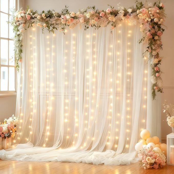 20x10FT White Wrinkle Free Backdrop Curtains with Lights String for Parties - Photo Curtain Backdrop with Lights for Wedding Decorations, Bridal Baby Shower Birthday Party Photography