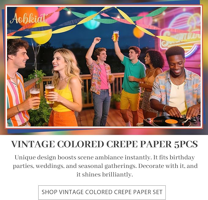 AOBKIAT Colorful Streamers Party Decorations,5 Rolls Vintage Rainbow Crepe Paper Streamers for Birthday,Candyland Theme Baby Shower,Fiesta,Wedding,Christmas,DIY Craft Crepe Paper,1.8 Inch x 82 Ft/Roll