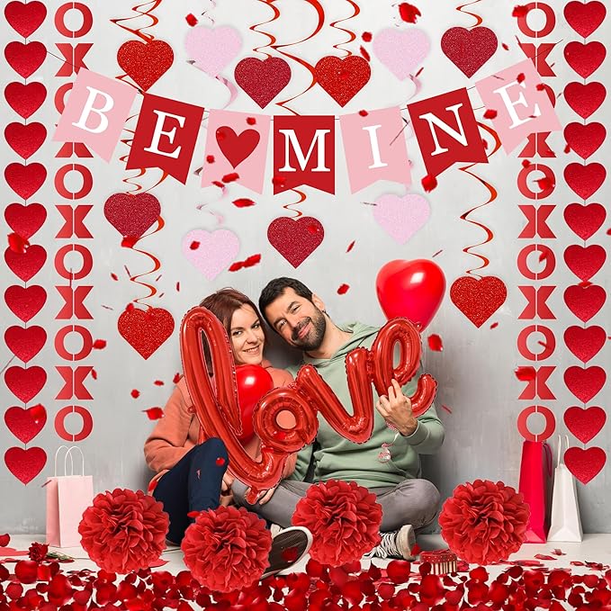 Red Valentine's Day Decoration Set, BE MINE Banner, Love Heart XO Garlands, Rose Petals, Hanging Swirls, Foil Love Balloons For Party Home Classroom Wedding Bedroom Office