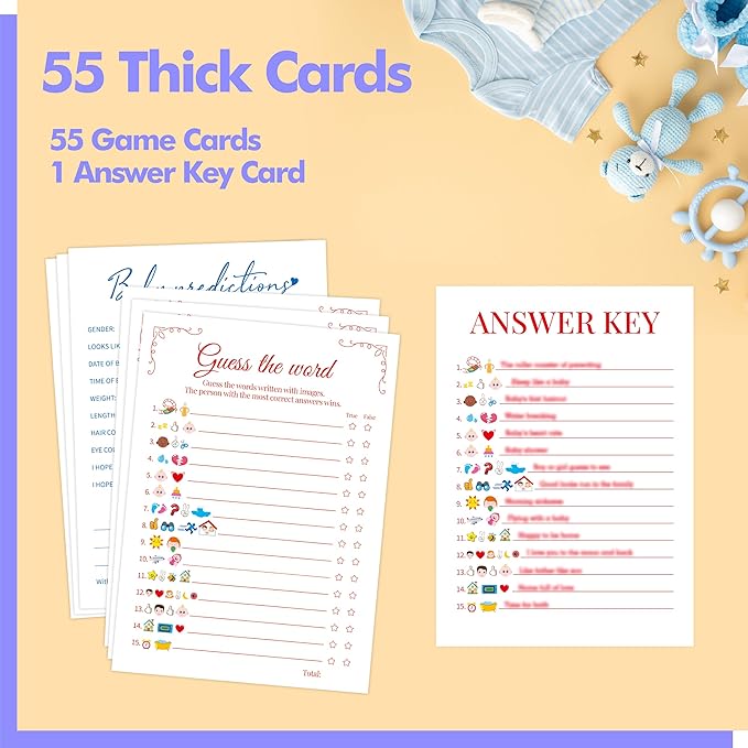55PCS Baby Shower Games, Predictions Cards & Guess The Phrase with Answer Keys Included Fun Baby Shower Party Games Gender Neutral for Girls or Boys