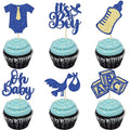 Gyufise 24Pcs Baby Shower Cupcake Toppers Glitter Tie Onesie Baby Bottle Oh Baby Cupcake Picks It's a Boy Cake Decorations for Baby Shower Gender Reveal Kids Boys Birthday Party Supplies Deep Blue
