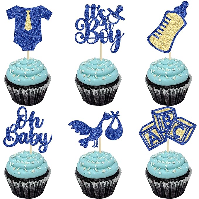 Gyufise 24Pcs Baby Shower Cupcake Toppers Glitter Tie Onesie Baby Bottle Oh Baby Cupcake Picks It's a Boy Cake Decorations for Baby Shower Gender Reveal Kids Boys Birthday Party Supplies Deep Blue