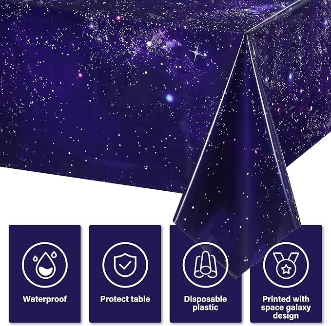 Tatuo 3 Pack Galaxy Plastic Table Cover Space Tablecloth Space Star Purple Nebula Rectangle Tablecloth Disposable Starry Night Sky Tablecover for Birthday Home Party Decorations, 54 x 108 Inch