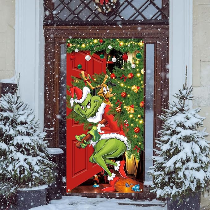 Merry Grinchmas Banner, 71 x 35in Polyester, New Year Christmas Decor for Home Party
