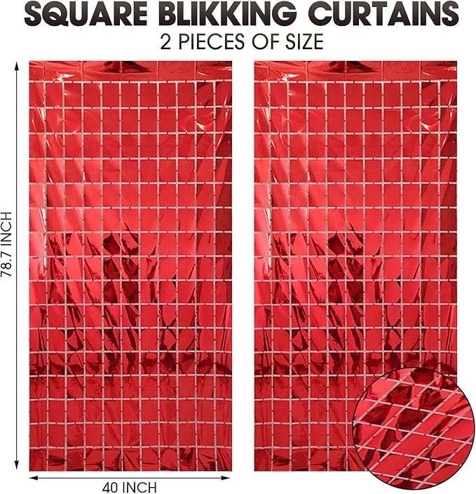 2 Pcs Red Foil Fringe Square Curtain Backdrop - Red Streamers Party Decorations, Sequin Square Curtain Photo Backdrop Props for Graduation Party Bachelorette Birthday Wedding Decor, 3.3 x 6.6 Ft