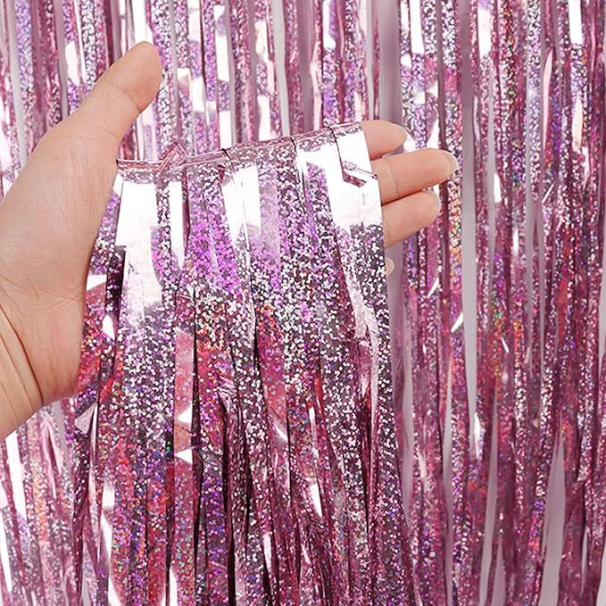 Pink Backdrops Curtains Party Decorations, Tinsel Streamers Birthday Decoration for Women Sweet 16, Photo Booth Props for Princess, Wedding, 1Pack 3.28X6.56Ft