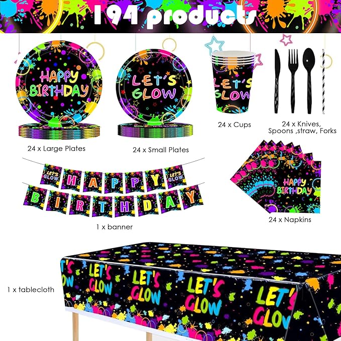 194 Pcs Neon Glow in the Dark Party Supplies Decorations Serve 24, Includes Plates, Napkins, Tablecloth, Banner, Ideal for Neon Themed Birthday Party
