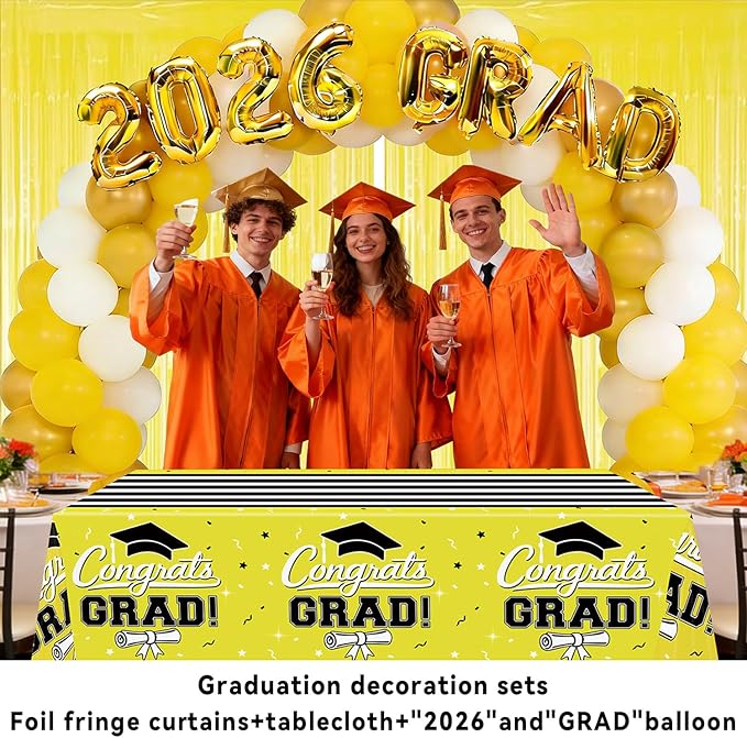 7-Pack Graduation Party Decorations Set, 3 Yellow Graduation Tablecloths 54x108in, 2026 and Grad Balloons, 2 Foil Fringe Curtains for High School College Graduation Party Photo Booth
