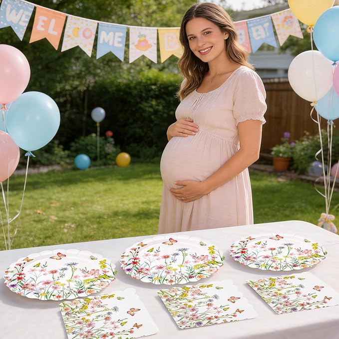 Wildflower Party Plates and Napkins Set - 40 Pcs Spring Disposable Tableware for 20 Guests, 9 Inch Floral Paper Plates & Butterfly Napkins for Baby Shower, Garden Party & Birthday Decorations