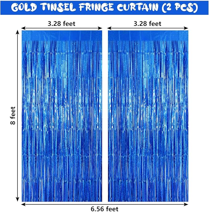 Blue Tinsel Foil Fringe Curtain Backdrop, 3.3 x 8.2 ft Metallic Glitter Curtain Streamers, 2 Pack Royal Blue Photoboth for Birthday Ocean Sea Party Decorations
