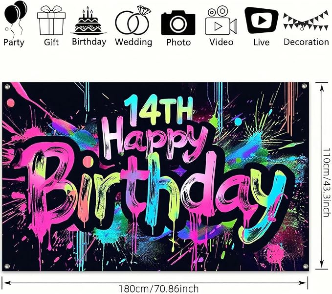 Glow in The Dark 14th Birthday Banner 71x43 Inch Colorful Paint Splatter Backdrop for Teen Boys Girls Fourteenth Party Decorations Neon Wall Decor Celebration Photo Booth Props Supplies