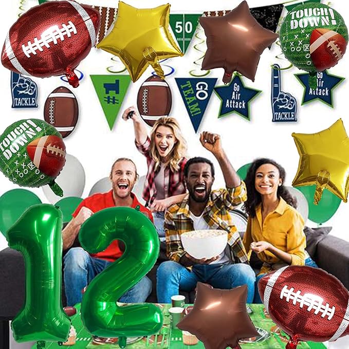 Football Balloons Foil Football Birthday Decorations Balloons Green Number 12 Balloon Gold Brown Star Touchdown Ballons for Rugby Birthday Decorations Sports Ballons Arch Kits Party Balloon Sets 10pcs