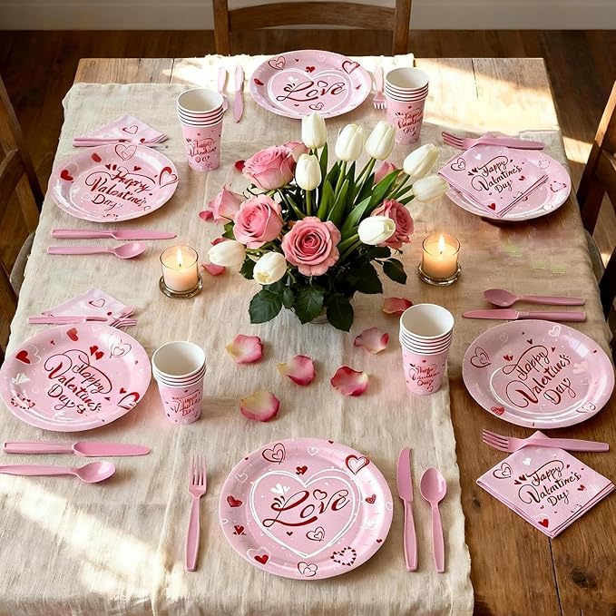 112PCS Valentine’s Day Heart Party Plates Supplies Love Pink Heart Party Tableware Decoration Disposable Paper Plates Napkins Forks for Graduation, Anniversary(Serves 16)