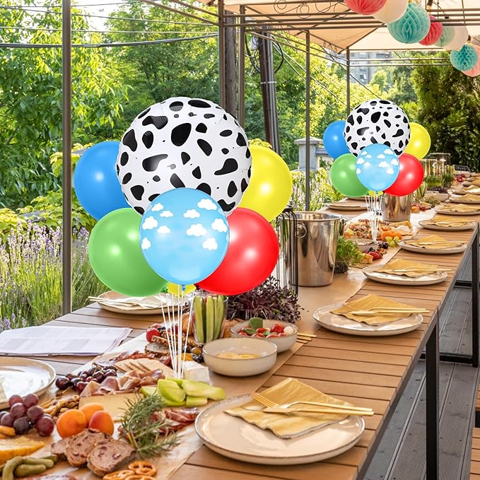 2 Sets Cartoon Birthday Party Decorations Table Centerpiece Red Yellow Blue Green Balloon Stand Kit with Cloud Cow Print Foil and Latex Balloon for Baby Shower Farm Animals Wedding Supplies