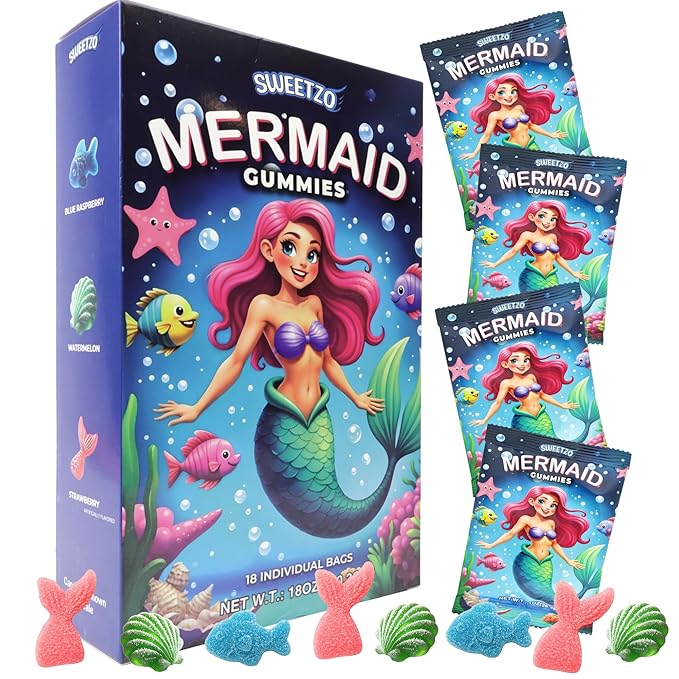 Mermaid Gummy Candy, Individual Bags for Birthday Parties, Assorted Fruit Flavors, Easter Basket Stuffers, 18 Count