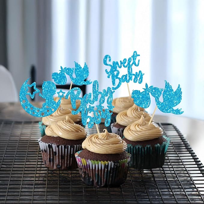 24Pcs Sweet Baby Boy Cupcake Toppers Blue Glitter Moon Star Baby Shower Cupcake Picks Decorations for Gender Reveal Baby Shower Kids Boys Birthday Party Supplies