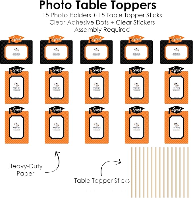 Orange Grad Graduation Photo Display Centerpiece Kit - 15 Double-Sided Photo Table Topper Sticks, Vertical and Horizontal 4x6 Picture Holders, DIY Party Decoration Set