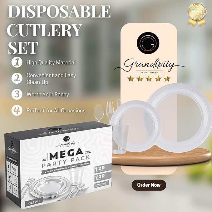 Grandipity 720 Piece Clear Disposable Dinnerware Set, Plastic Dinnerware Set Includes 120 Count 9' Dinner Plates, 7' Dessert Plates, 12oz Cups, Forks, Knives & Spoons