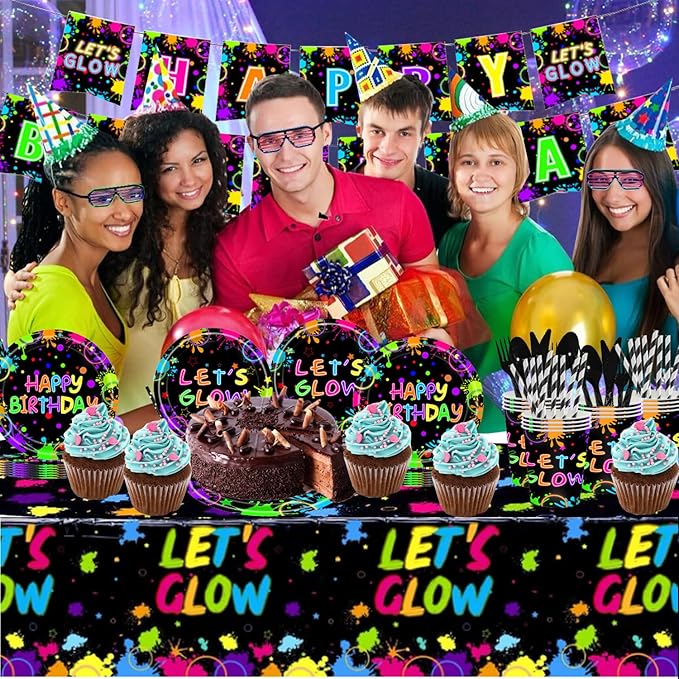 194 Pcs Neon Glow in the Dark Party Supplies Decorations Serve 24, Includes Plates, Napkins, Tablecloth, Banner, Ideal for Neon Themed Birthday Party