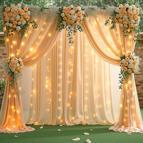 10 x 10ft Dark Champagne Backdrop Curtains with Lights String for Wedding Polyester Photo Backdrop Drapes Wrinkle Free Long Curtains Back Drop for Birthday Parties Reception Baby Shower Ceremony Event
