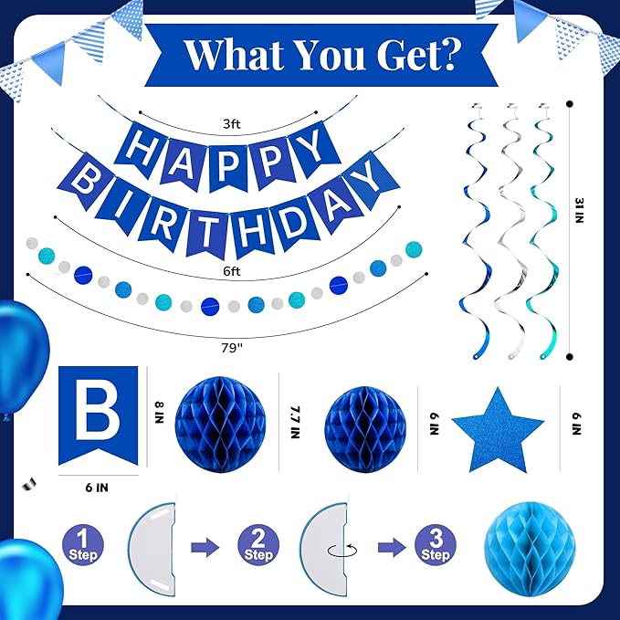 Happy Birthday Decorations Happy Banner with Honeycomb Balls, Swirls Set Happy Decorations Sign for Men Women Boys Girls Birthday Party Supplies Kit for Indoor Outdoor