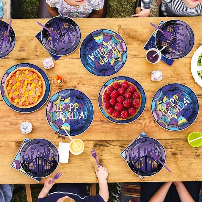 Grencian 96Pcs Purple and Black Birthday Party Decoration Gothic Spider Web Plates and Napkins Purple Black Theme Disposable Paper Tableware Set for Kids Boys Girls Birthday Party Supplies Serves 24