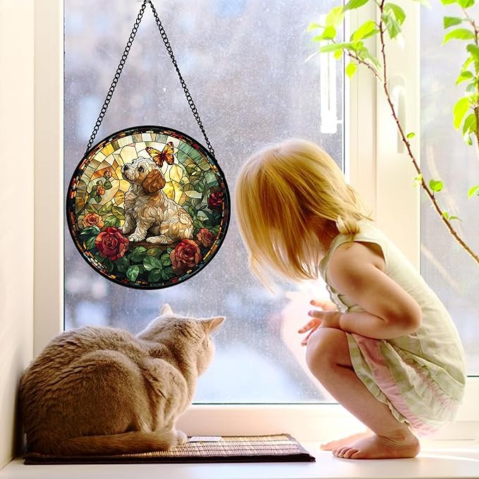 Stained Glass Window Hanging, Cute Dog and Flowers Suncatcher for Doors Home Butterfly Sun Catchers Decoration and Christmas, Mother's Day Birthday Gifts for Women, Men, and Mom 9.8 in