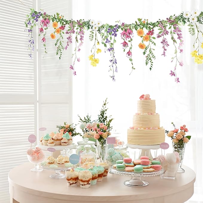 Cheerland Flower Garland Banner Wildflower Party Decorations for Enchanted Garden Floral Woodland Theme Picnic Girls Birthday Tea Party Garden Wedding Onederland Theme Laminated Watercolor Baby Shower
