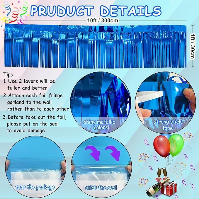 4 Packs Total 39 Ft Parade Floats for Trailer Car, Blue Foil Fringe Garland Tinsel Streamers Hanging Backdrop Banner Table Skirts for 4th of July Graduation Homecoming Wedding Birthday Party Decor