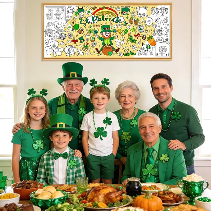 St Patricks Day Coloring Tablecloth/Poster, St Patrick Day Decorations, 72" X 30" Gaint Paper Coloring Tablecloth for Kids Crafts Activities, DIY St Patricks Party Supplies Gifts for Classroom Family