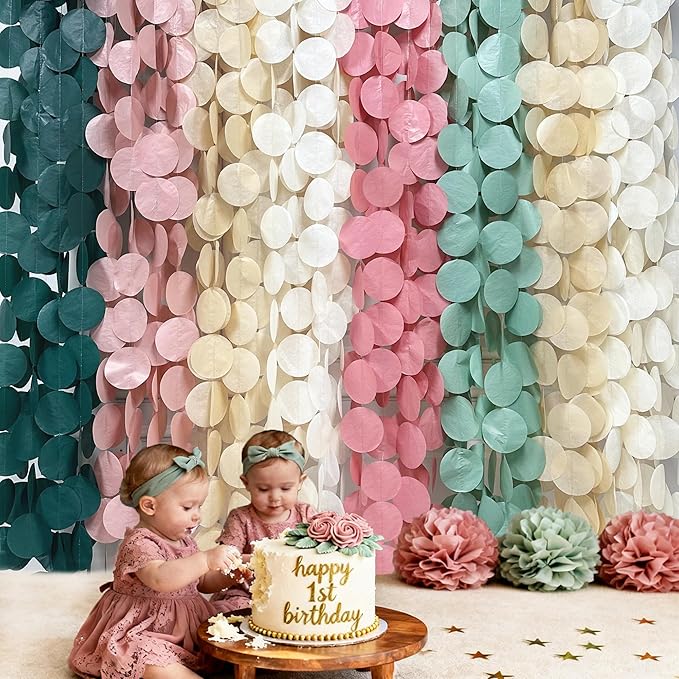 205 Ft Sage Green Dusty Rose Pink Khaki Beige Circle Dot Backdrop Garland Tissue Paper Polka Dots Hanging Streamer for Girl Wild Jungle Safari Woodland Baby Shower Birthday Party Decorations Supplies