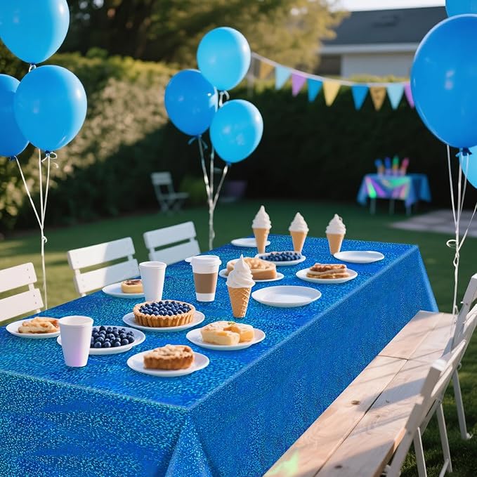4Pcs Blue Holographic Tablecloths Rectangular Blue Iridescent Tablecloth Shimmer Metallic Table Covers for Baby Shower Birthday Wedding Ocean Theme, 54x108Inch