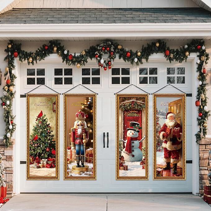 Panelee 4 Pcs Christmas Porch Banners Snowman Santa Nutcracker Xmas Tree Stretching Portraits Wall Decorations Christmas Porch Sign Backdrop for Xmas Indoor Outdoor Wall Hanging Decor