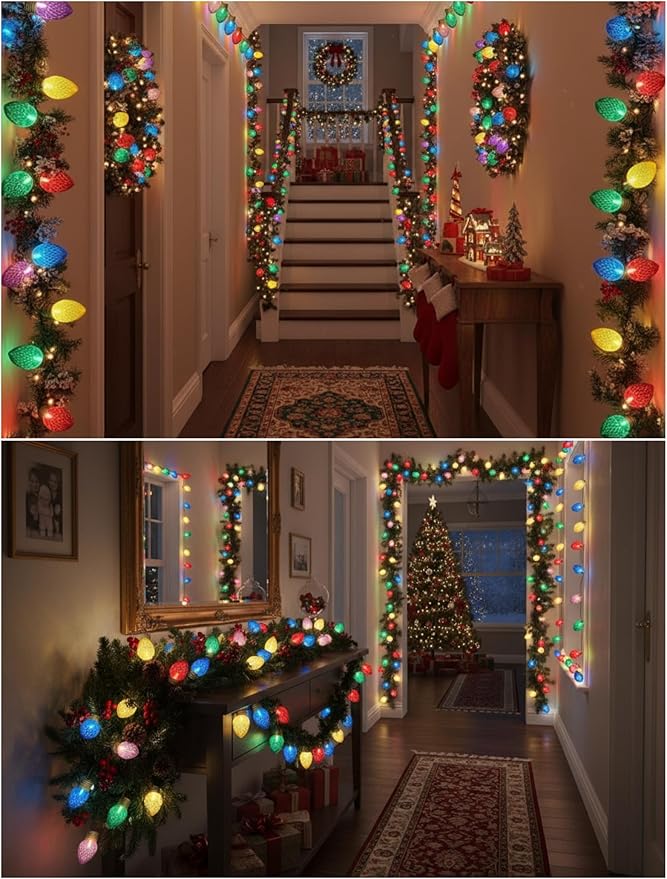 Jumbo Christmas Lights String,16FT C7 Giant Christmas Lights Decorations Connectable Hanging Lights with 10 Multicolor Strawberry Big Bulb for Roof Yard Garden Outside Decor