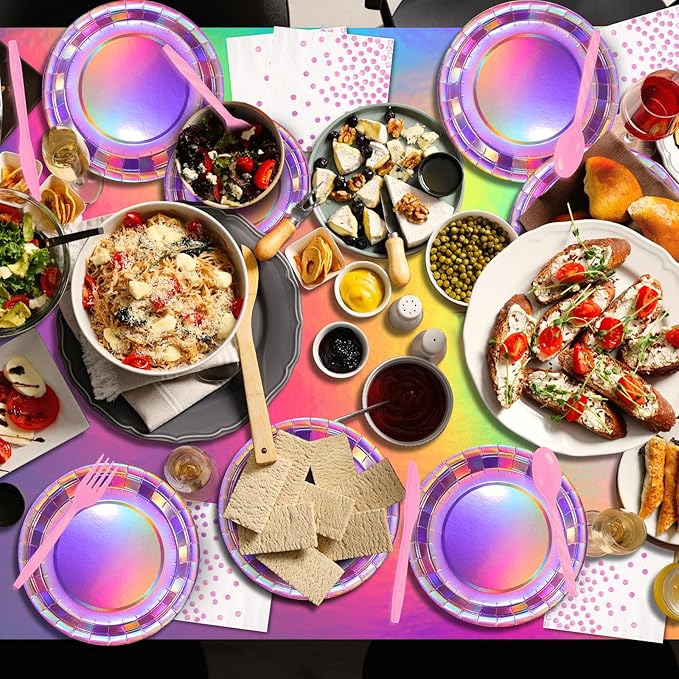 Iridescent Pink Party Supplies Decorations Serve 50, Hot Pink Holographic Paper Plates and Napkins Set, Disposable Pink Paper Plates Cups Knives Spoons Fork for Mermaid Disco Kpop Birthday Party Decor
